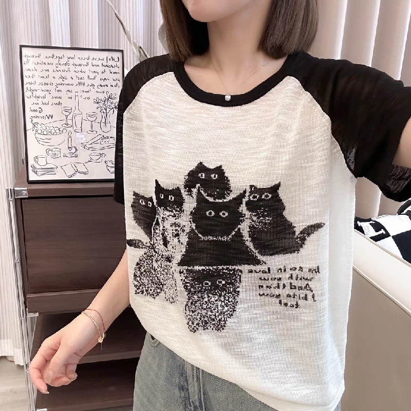 竹节棉T恤女宽松插肩袖猫咪图案